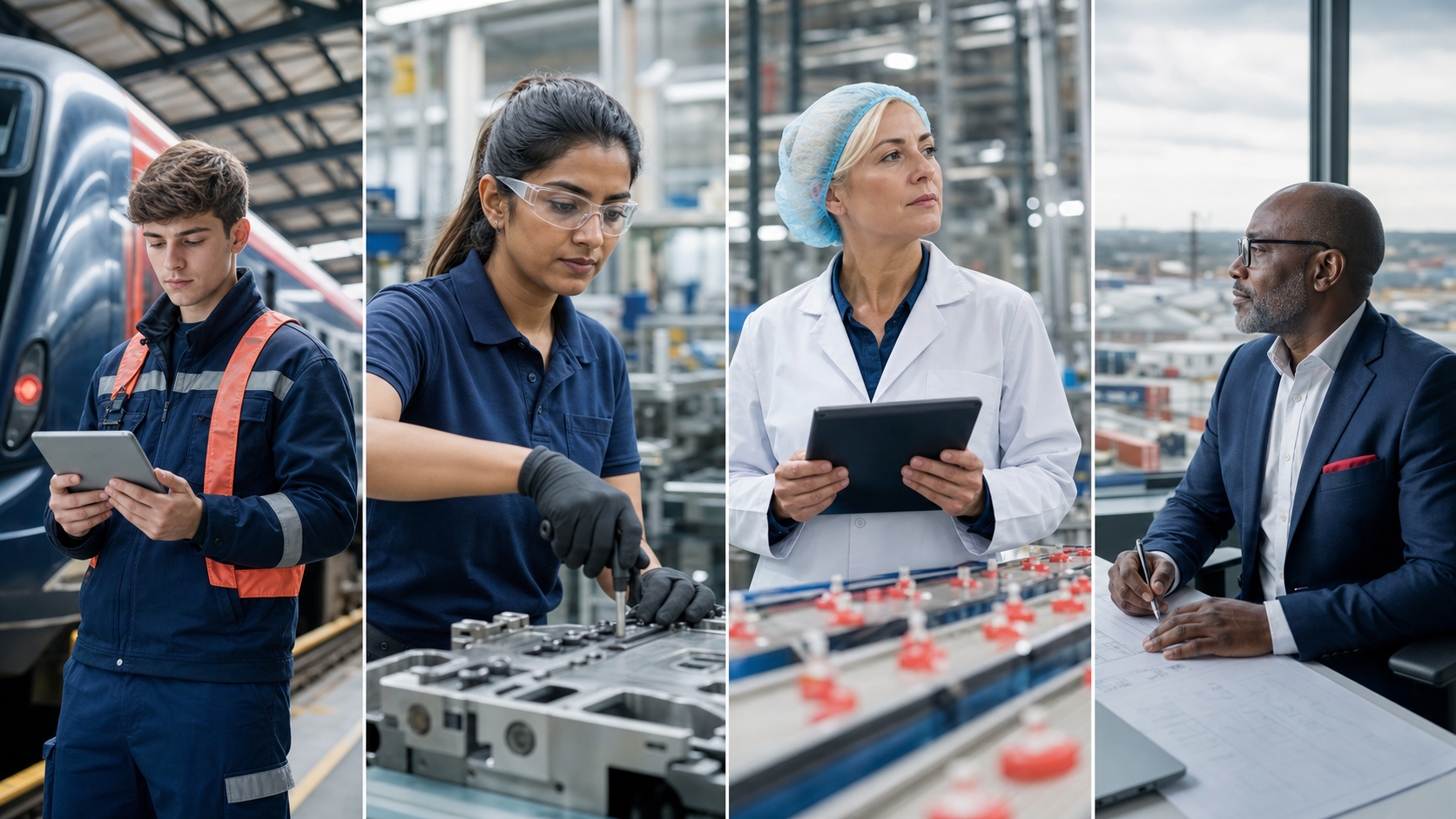 Four separate British workplaces showing an operations worker, technician, manager and executive